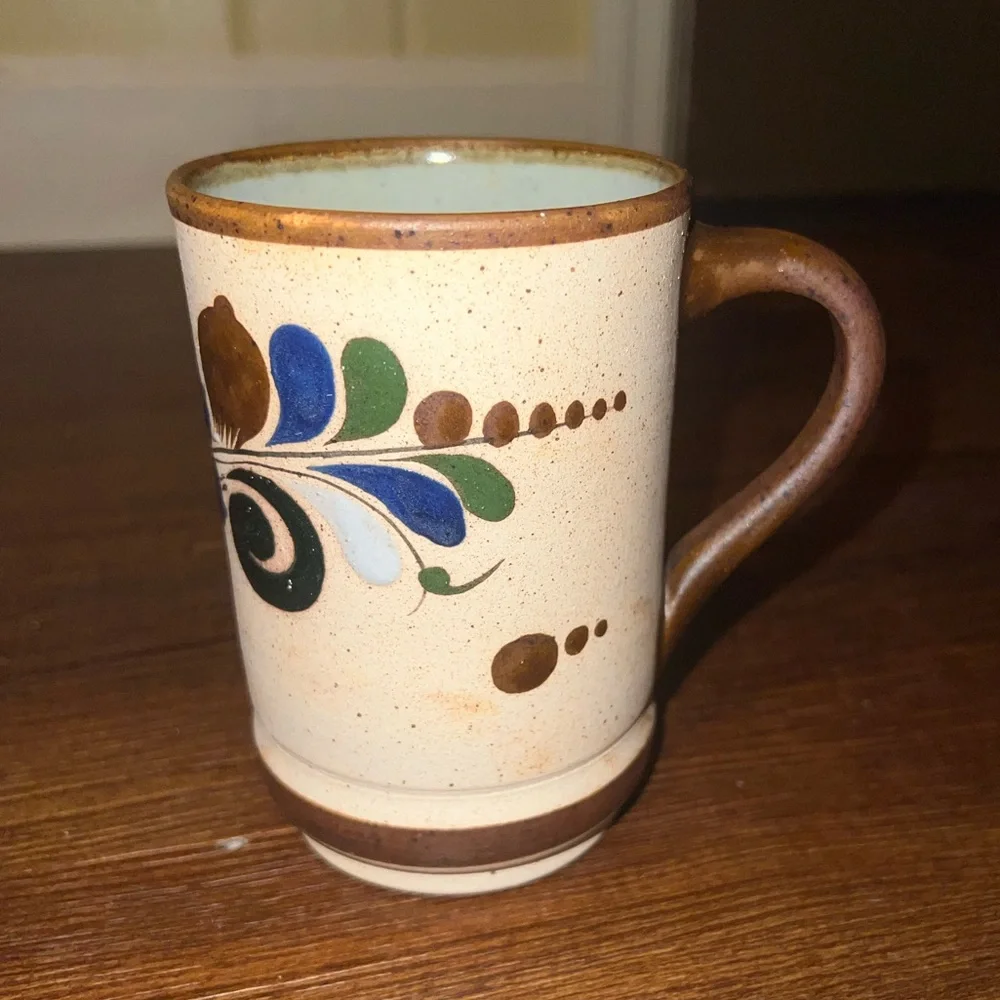Vintage Tonala Mexican Pottery Folk Art Stoneware Rustic Tan Mug Floral Design - Picture 6 of 10